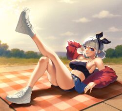 1girl arm_up armpits artist_request ass bare_shoulders belt bike_shorts black_shirt blue_eyes blue_skirt breasts camisole cleavage commentary_request commission crop_top double_bun hair_bun hair_ribbon highres jacket knees_up korean_commentary large_breasts leg_up looking_at_viewer medium_hair midriff miniskirt navel oc_(jmgsjh) off_shoulder open_mouth original pleated_skirt red_jacket ribbon second-party_source shirt shoes shorts shorts_under_skirt sideboob skirt sleeveless sleeveless_shirt smile sneakers socks solo spaghetti_strap stomach strap_gap thighs white_hair white_socks