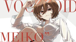 13165075695 1girl absurdres aviator_sunglasses breasts brown_hair character_name collared_shirt commentary copyright_name highres holding holding_removed_eyewear large_breasts long_sleeves looking_at_viewer meiko_(vocaloid) mindscape_cinema_(zenless_zone_zero) partially_unbuttoned red-tinted_eyewear red_nails shirt short_hair smirk solo sunglasses symbol-only_commentary tinted_eyewear unworn_eyewear upper_body vocaloid white_background white_shirt