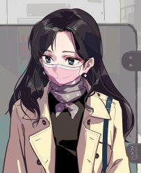 1girl black_hair blue_eyes brown_coat chinese_commentary coat earrings female_focus highres jewelry long_hair looking_down mask office_lady office_lady_taiwan original scarf solo taiwan tennohi trench_coat upper_body