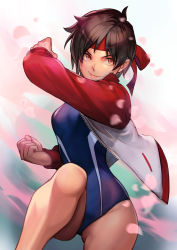 1girl blue_one-piece_swimsuit breasts brown_hair cherry_blossoms closed_mouth headband highleg highleg_one-piece_swimsuit hinoru_saikusa jacket kasugano_sakura knee_up long_sleeves official_alternate_costume one-piece_swimsuit open_clothes open_jacket orange_eyes raised_fist red_headband red_sleeves school_swimsuit short_hair shouryuuken smile smirk solo street_fighter street_fighter_v swimsuit track_jacket unzipped uppercut white_jacket
