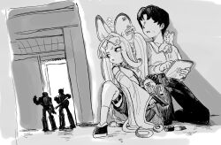 Rule 34 | 1boy, 1girl, 2others, animal, animal ears, asymmetrical legwear, blue archive, breasts, china dress, chinese clothes, commentary request, detached sleeves, dress, ear tag, gun, halo, handgun, holding, holding jar, holding tablet pc, holding weapon, indoors, jar, kneeling, leg holster, long hair, looking to the side, monochrome, mouse (animal), mouse ears, mouse girl, multiple others, parted lips, pelvic curtain, robot, saya (blue archive), sensei (blue archive), shorts, sideways glance, sketch, tablet pc, taking cover, thighhighs, uneven legwear, user dfxs4583, weapon