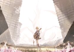 1girl asukake_project blonde_hair blue_jacket day guitar hair_ornament hair_over_one_eye hairclip heaven_burns_red highres instrument jacket kayamori_ruka necktie one_eye_covered outdoors red_eyes red_necktie ruins shirt short_hair skirt solo weapon white_shirt