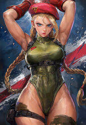 1girl :o ahoge armpits arms_up bare_shoulders beret blonde_hair blue_eyes bodypaint braid breasts cammy_white camouflage chest_harness covered_abs covered_erect_nipples covered_navel facial_scar fingerless_gloves gloves green_leotard hair_between_eyes harness hat highleg highleg_leotard highres large_breasts leotard long_hair looking_at_viewer medium_breasts miche parted_lips pouch red_gloves red_hat scar scar_on_cheek scar_on_face sleeveless_turtleneck_leotard solo street_fighter street_fighter_6 thigh_gap thigh_pouch thigh_strap thighs thong_leotard toned twin_braids twintails