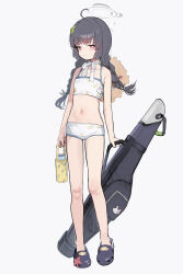 Rule 34 | 1girl, absurdres, ahoge, bare arms, bare legs, bare shoulders, bikini, black footwear, black hair, blue archive, blush, braid, closed mouth, crocs, flat chest, full body, grey halo, halo, highres, leaf print, long hair, miyu (blue archive), miyu (swimsuit) (blue archive), navel, official alternate costume, print bikini, red eyes, simple background, solo, somray, swimsuit, twin braids, white background, white bikini