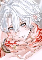 2boys blue_eyes bracelet chain chain_bracelet gold_ring hair_between_eyes hand_tattoo highres honkai:_star_rail honkai_(series) jam8366 jewelry light_blush male_focus multiple_boys multiple_rings mydei_(honkai:_star_rail) necklace out_of_frame phainon_(honkai:_star_rail) red_tattoo ring short_hair smile tattoo white_hair