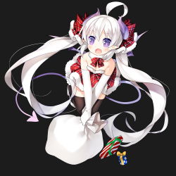 1girl :d ahoge black_thighhighs box christmas demon_girl demon_horns demon_tail demon_wings elbow_gloves fang female_focus full_body gift gift_box gloves horns long_hair looking_at_viewer mofetousu_furuna open_mouth original pointy_ears purple_eyes saru silver_hair smile solo tail thighhighs twintails very_long_hair white_gloves wings zettai_ryouiki