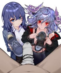 2girls absurdres blue_eyes blue_hair blush highres leggings long_hair looking_at_viewer multiple_girls original parted_lips red_eyes shoes single_shoe single_sock sock_on_penis sockjob socks sports_bra steam unworn_shoes yingxiong_wang_mimi