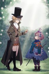 1boy 1girl ankle_boots black_hat black_socks black_thighhighs black_umbrella blue_bow blue_dress blue_pants blue_scarf boots bow brown_boots brown_hair brown_shoes brown_shorts brown_vest bush closed_umbrella coat dress eye_contact face-to-face flutterpage from_side full_body grass grey_coat hair_bow hand_in_pocket hat highres holding holding_pocket_watch holding_rod light_rays looking_at_another multiple_hair_bows ohuman oliver_fog orange_scarf pants pants_under_dress pocket_watch profile purple_bow reverse:1999 rod scarf shirt shoes short_hair shorts single_sock single_thighhigh socks sunbeam sunlight thighhighs top_hat two-tone_scarf umbrella vest walking watch white_shirt