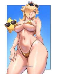 1girl bikini blonde_hair blue_eyes breasts crown earrings gold_bikini hair_over_one_eye jewelry large_breasts luchidart luma_(mario) mini_crown navel outside_border rosalina skindentation solo star_(symbol) star_earrings string_bikini sunglasses swimsuit wet