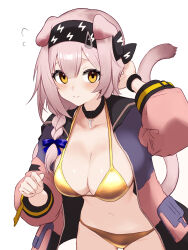 1girl absurdres animal_ears arknights bikini black_choker black_hairband braid breasts cat_ears cat_girl cat_tail choker commentary dr.lamina english_commentary gold_bikini goldenglow_(arknights) hairband highres jacket large_breasts long_hair navel pink_hair pink_jacket single_braid solo stomach swimsuit tail white_background yellow_eyes