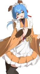 1girl :d absurdres akitsu_akane alternate_costume alternate_species animal_ears apron black_thighhighs blue_hair commentary_request cowboy_shot dog_ears dog_girl double-parted_bangs dress enmaided eyelashes flat_chest frilled_dress frills green_eyes hands_up highres holding holding_tray long_hair long_sleeves looking_at_viewer luck_0_boy maid maid_apron maid_headdress open_mouth orange_dress red_ribbon ribbon shangri-la_frontier short_dress simple_background smile solo thighhighs tray white_apron white_background wide_sleeves wooden_tray wrist_ribbon