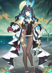 1girl animal_ears arm_at_side bare_shoulders beach black_eyes black_gloves black_hair blue_hair blunt_bangs bow bowtie breasts cleavage coat collar colored_inner_hair fate/grand_order fate_(series) feet_out_of_frame full_moon game_cg gloves green_bow green_bowtie grin hand_up highleg highleg_leotard holding holding_weapon horizon leotard long_hair long_sidelocks looking_at_viewer low_neckline moon multicolored_hair ocean off_shoulder official_art open_clothes open_coat palm_tree pantyhose playboy_bunny rabbit_ears red_gloves saitou_hiroki sand shoes sidelocks sky skyline small_breasts smile solo standing strapless strapless_leotard streaked_hair teeth tenochtitlan_(fate) tenochtitlan_(swimsuit_mooncancer)_(fate) tenochtitlan_(swimsuit_mooncancer)_(third_ascension)_(fate) third-party_source tree two-sided_coat two-sided_fabric two-tone_gloves two-tone_hair variant_set weapon white_coat white_collar white_shoes