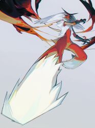 blaziken blue_eyes blurry claws closed_mouth commentary_request creatures_(company) fire full_body game_freak gen_3_pokemon grey_background highres kicking looking_at_viewer moonagvaze nintendo pokemon pokemon_(creature) solo