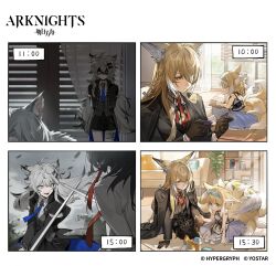 1boy 4girls :d absurdres alberto_saluzzo_(arknights) animal_ears arknights bandaged_leg bandages blonde_hair blue_eyes blue_hairband blue_necktie bokyo book brown_gloves coat commentary copyright_name copyright_notice curtains english_commentary fang father_and_daughter fighting fox_ears fox_girl fox_tail gloves glowing glowing_eyes green_eyes grey_hair grey_sky hairband highres holding holding_sword holding_weapon kitsune kyuubi lamp lappland_(arknights) material_growth mother_and_daughter multiple_girls multiple_tails necktie needle official_art open_book open_mouth oripathy_lesion_(arknights) plant potted_plant reading red_necktie second-party_source sewing sewing_needle shaded_face sky smile sunlight suzuran_(arknights) sword tail texas_(arknights) timestamp toy_block vulpisfoglia_(arknights) weapon wolf_boy wolf_girl yellow_eyes