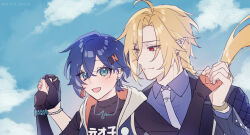 1boy 1girl artist_name belle_(zenless_zone_zero) black_coat black_jacket black_shirt blonde_hair blue_hair blue_sky ccxvi_201116 closed_eyes cloud cloudy_sky coat facing_viewer green_eyes hetero highres holding_hands hood hooded_jacket hugo_vlad jacket long_sleeves multicolored_eyes necktie open_mouth parody purple_eyes purple_necktie purple_shirt red_eyes shirt sky smile twitter_username zenless_zone_zero