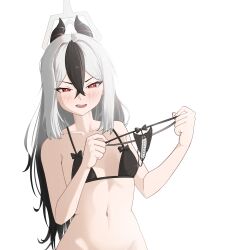 1girl absurdres black_bra black_hair black_horns black_panties blue_archive blush bra collarbone commentary_request crossed_bangs demon_horns gradient_hair grey_hair hair_between_eyes hair_down halo highres holding holding_panties holding_underwear holding_unworn_clothes horns kayoko_(blue_archive) korean_commentary long_hair looking_at_viewer multicolored_hair navel open_mouth out-of-frame_censoring palgoogoopal panties red_eyes sidelocks simple_background solo stomach two-tone_hair underwear v-shaped_eyebrows white_background