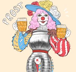 1girl alcohol armor beer beer_mug black_eyes blush brown_background clown clown_nose clownsknecht commentary cup drink english_commentary german_text gloves goblin_bin hat_feather highres holding holding_cup holding_drink makeup mug original pink_hair red_lips simple_background smile solo white_gloves