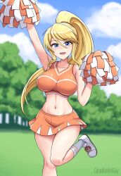 1girl blonde_hair blue_eyes blush breasts canadiananiguy cheering cheerleader commentary crop_top english_commentary highres holding holding_pom_poms large_breasts long_hair looking_at_viewer metroid midriff mole mole_under_mouth navel nintendo open_mouth orange_skirt orange_sports_bra pom_pom_(cheerleading) pom_poms ponytail samus_aran skirt smile socks solo sports_bra white_socks