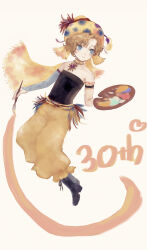 1girl absurdres anniversary armband bare_shoulders beret black_boots black_shirt blonde_hair blue_eyes boots choker closed_mouth detached_sleeves final_fantasy final_fantasy_vi flat_chest full_body gem grey_sleeves hat highres holding holding_paintbrush long_sleeves paint paintbrush paint_palette pants piroropepon puffy_pants purple_gemstone relm_arrowny shirt short_hair simple_background single_detached_sleeve smile solo strapless strapless_shirt white_background white_choker yellow_hat yellow_pants