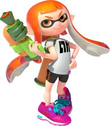 Rule 34 | 1girl, 3d, absurdres, bare arms, bike shorts, eye mask, full body, gradient hair, highres, holding, holding weapon, ink tank (splatoon), inkling, inkling girl, inkling player character, kaori (splatoon), long hair, looking at viewer, multicolored hair, nintendo, official art, orange eyes, orange hair, pink shoes, shirt, shoelaces, shoes, short eyebrows, short hair with long locks, sidelocks, smile, sneakers, solo, splatoon (series), splatoon 1, splattershot (splatoon), spotted hair, standing, suction cups, t-shirt, tentacle hair, thick eyebrows, transparent background, two-tone hair, v-shaped eyebrows, weapon, white shirt