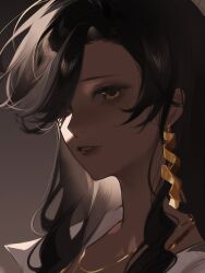 Rule 34 | 1girl, absurdres, artist request, black hair, brown background, brown eyes, centurion (reverse:1999), commission, cropped, dark-skinned female, dark skin, earrings, from side, grin, hair over one eye, highres, jewelry, long hair, looking at viewer, one eye covered, parted lips, portrait, reverse:1999, second-party source, shirt, smile, solo, white shirt