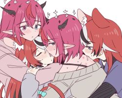 4girls animal_ear_fluff animal_ears bite_mark bite_mark_on_back black_garter_straps blue_eyes blush bra_strap brown_sweater clone closed_eyes closed_mouth commentary_request ear_blush earclip french_kiss garter_straps girl_sandwich hakos_baelz halo heterochromia hickey hololive hololive_english hood hoodie horns irys_(hololive) kiss long_hair mouse_ears multiple_girls off_shoulder pink_eyes pink_hair pink_hoodie pointy_ears ramphastostella red_hair saliva sandwiched sweater tongue tongue_out virtual_youtuber white_streaks yuri