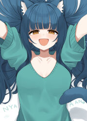 1girl :d animal_ear_fluff animal_ears aqua_sweater binsen blue_hair blunt_bangs breasts brown_eyes cat_ears cat_girl cat_tail cleavage collarbone eyelashes hair_intakes hair_spread_out highres idolmaster idolmaster_million_live! idolmaster_million_live!_theater_days kemonomimi_mode kitakami_reika light_blush long_hair lying medium_breasts nyan on_back on_floor open_mouth reaching reaching_towards_viewer shadow smile solo sweater tail very_long_hair white_background
