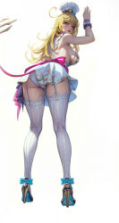 1girl ahoge ass blonde_hair blue_bow blue_eyes blush bow breasts chef_hat commentary escoffier_(genshin_impact) footwear_bow from_behind full_body garter_straps genshin_impact hand_up hat heart heart_in_eye high_heels highres large_breasts leaning_forward lips long_hair looking_at_viewer looking_back mechanical_tail panties parted_lips solo symbol_in_eye tail thighhighs underwear very_long_hair white_garter_straps white_hat white_panties white_thighhighs white_wrist_cuffs wo_jiushi_kanbudong wrist_cuffs