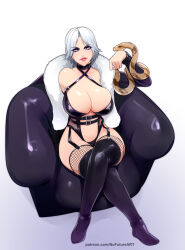 1girl animal armchair black_thighhighs bondage_outfit boots breasts chair christie_(doa) cleavage crossed_legs dead_or_alive dominatrix female_focus garter_straps highres large_breasts lips looking_at_viewer nofuture parted_lips sitting smile snake thigh_boots thighhighs