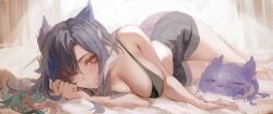 1girl absurdres black_bra black_hair black_shorts blue_hair bra breasts closed_mouth fang highres horns indie_virtual_youtuber large_breasts long_hair lying multicolored_hair naokomama on_side red_eyes second-party_source shorts skin_fang smile streaked_hair underwear vienna_(vtuber) virtual_youtuber white_horns