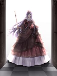 1girl artist_request black_dress checkered_floor collared_dress crown determined dot_nose dress flower frilled_dress frilled_sleeves frills full_body game_cg gold_crown gown high_collar holding holding_scepter indoors jewelry juliet_sleeves layered_dress long_hair long_sidelocks long_sleeves miracle_nikki necklace nikki_(series) official_art open_door parted_lips puffy_sleeves purple_eyes purple_hair queen queen_elle red_dress red_flower red_rose rose scepter shadow sidelocks solo standing striped_clothes striped_dress swept_bangs third-party_source vertical-striped_clothes vertical-striped_dress very_long_hair