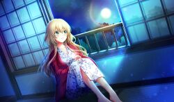 1girl barefoot blonde_hair cinderella_series closed_mouth dutch_angle film_grain floral_print floral_print_kimono full_moon game_cg green_eyes hachigatsu_no_cinderella_nine hands_on_own_knees highres indoors jacket japanese_clothes kimono knees_up lens_flare long_hair long_sleeves looking_to_the_side moon night night_sky non-web_source nozaki_yuuki official_art print_kimono railing red_jacket shouji sitting sky sliding_doors solo tatami yukata