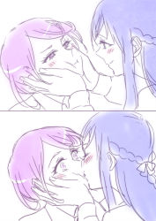 2girls 2koma bad_id blue_hair blush braid cheek_squash comic couple dokidoki!_precure eye_contact grabbing_another&#039;s_face hands_on_another&#039;s_cheeks hands_on_another&#039;s_face hishikawa_rikka kenzaki_makoto kiss kiss_focus long_hair looking_at_another multiple_girls negom precure purple_hair short_hair silent_comic simple_background sketch smile surprise_kiss surprised swept_bangs white_background yuri