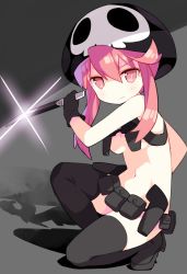 10s 1girl breasts female_focus hat highres jakuzure_nonon kill_la_kill knife no_panties nudist_beach_uniform pink_eyes pink_hair saru simple_background solo weapon