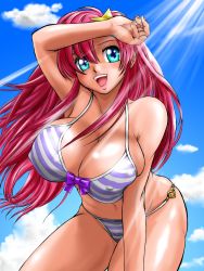00s 1girl aqua_eyes bikini breasts cleavage covered_erect_nipples curvy day female_focus gundam gundam_seed gundam_seed_destiny hair_ornament highres huge_breasts long_hair meer_campbell pink_hair solo star_(symbol) star_hair_ornament striped_bikini striped_clothes sunlight swimsuit tan wolfpack