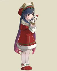 1girl absurdres blue_hair blush boots christmas dress fake_antlers food full_body fur_trim gradient_hair green_eyes grey_background hat highres holding holly ice_cream ice_cream_cone kantai_collection long_hair long_sleeves matsuwa_(christmas)_(kancolle) matsuwa_(kancolle) multicolored_hair official_alternate_costume open_mouth pantyhose pink_hair purple_hair red_dress red_footwear shoes simple_background solo standing u_teitoku very_long_hair white_pantyhose