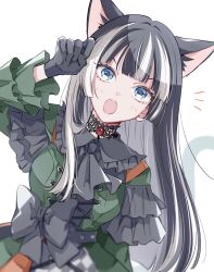 1girl animal_ear_fluff animal_ears black_bow black_choker black_gloves black_hair blue_eyes blunt_bangs bow cat_ears cat_girl cat_tail choker commentary_request dress dress_bow frilled_dress frills gem gloves green_dress highres hololive hololive_dev_is juufuutei_raden juufuutei_raden_(1st_costume) kemonomimi_mode lace lace_choker long_hair looking_at_viewer multicolored_hair open_mouth red_gemstone saito_shiorii simple_background solo straight_hair streaked_hair tail two-tone_hair virtual_youtuber white_background white_hair
