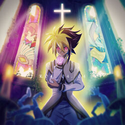 1boy absurdres blonde_hair brown_hair candle church clenched_hand closed_mouth cross doll hair_between_eyes hand_tattoo highres indoors iv_(yu-gi-oh!) kneeling long_sleeves male_focus pants pink_eyes raijin-bh scar scar_on_face short_hair solo spiked_hair stained_glass tattoo yu-gi-oh! yu-gi-oh!_zexal