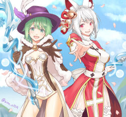 2girls animal_ear_fluff animal_ears bell blue_sky blush bow breasts brown_cape brown_dress brown_gloves cape cloud commentary_request cowboy_shot cross day dress falling_petals fox_ears fur-trimmed_cape fur-trimmed_gloves fur_trim garter_straps gloves green_eyes green_hair hair_bell hair_between_eyes hair_ornament hat_feather heart heart_hair_ornament high_priest_(ragnarok_online) high_wizard_(ragnarok_online) holding holding_staff jingle_bell layered_dress long_bangs looking_at_viewer masaki_shino medium_breasts medium_hair multiple_girls open_mouth outdoors pelvic_curtain petals purple_headwear ragnarok_online ragnarok_origin reaching reaching_towards_viewer red_dress red_eyes sash short_dress sky small_breasts smile staff strapless strapless_dress thighhighs twitter_username two-tone_dress white_bow white_dress white_hair white_sash white_thighhighs