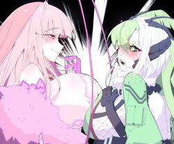 Rule 34 | 2girls, antenna hair, arthropod girl, asymmetrical docking, black sclera, blush, breast press, breasts, cleavage cutout, closed mouth, clothing cutout, cockroach girl, colored sclera, fishnets, green eyes, green hair, heart, highres, indie virtual youtuber, insect girl, juniper actias, large breasts, long hair, matara kan, milk carton, moth girl, multicolored hair, multiple girls, open mouth, pink hair, sideboob, two-tone hair, upper body, virtual youtuber, vivi co, white hair, yuri