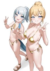 2girls absurdres bikini blue_eyes blue_hair breasts earrings flat_chest food food_on_face gawr_gura gold_bikini golden_week golden_week_bikini grin hair_bun hair_ornament highres holding holding_food holding_popsicle hololive hololive_english jewelry large_breasts loli mole mole_on_breast multicolored_hair multiple_girls navel popsicle raikkonen revision sandals shark_girl side-tie_bikini_bottom simple_background smile standing stomach streaked_hair swimsuit v virtual_youtuber watson_amelia white_background white_hair