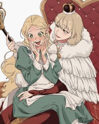 2girls absurdres apron blonde_hair blush brown_eyes choker cloak commentary crown dungeon_meshi elf english_commentary falin_touden falin_touden_(tallman) feathered_cloak frilled_apron frills fur-trimmed_cloak fur_trim green_eyes hand_on_another&#039;s_lap hands_on_own_face highres holding holding_scepter long_hair maid maid_apron marcille_donato mini_crown multiple_girls pointy_ears scepter sitting sitting_on_lap sitting_on_person sitting_on_throne smile ttal_ttal very_long_hair yuri