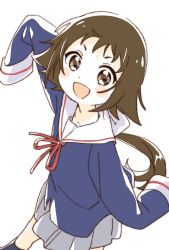 Rule 34 | 1girl, blush, brown hair, highres, long hair, low ponytail, mikakunin de shinkoukei, mitsumine mashiro, namori, open mouth, ponytail, school uniform, simple background, smile, solo, white background