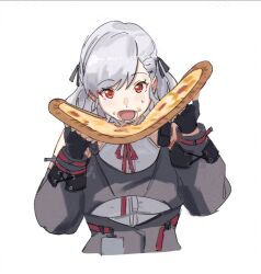 1girl black_gloves black_ribbon blush breasts commentary cropped_torso detached_sleeves english_commentary fikkyun fingerless_gloves food girls&#039;_frontline girls&#039;_frontline_2:_exilium gloves grey_hair hair_ribbon holding holding_food holding_pizza looking_at_viewer lower_teeth_only medium_hair neck_ribbon open_mouth pizza red_eyes red_ribbon ribbon sabrina_(girls&#039;_frontline_2) simple_background solo spas-12_(girls&#039;_frontline) sweatdrop teeth white_background
