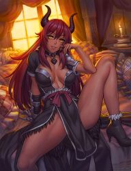 1girl absurdres airomed bed borrowed_character breasts breasts_apart collar female_focus gauntlets highres horns large_breasts long_hair looking_at_viewer no_bra on_bed original parted_lips pelvic_curtain pillow red_hair single_gauntlet sitting slit_pupils smile solo speh spread_legs thighs yellow_eyes