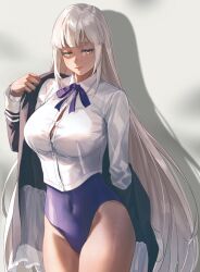 1girl absurdres black_jacket blue_leotard blue_ribbon blunt_bangs breasts button_gap cleavage collared_shirt covered_navel cropped_shirt dark-skinned_female dark_skin dress_shirt highres hololive hololive_english jacket large_breasts leotard light_brown_hair lips long_hair looking_at_viewer open_clothes open_jacket ribbon shirt sidelocks solo thighs tight_(ohmygod) tsukumo_sana undressing very_long_hair virtual_youtuber white_shirt yellow_eyes