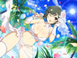1girl arch ass bare_shoulders beach bikini blue_sky blush bouquet bow breasts bride cleavage cloud commentary_request day dress eyepatch floral_arch flower flower_swing frills hair_ornament head_wreath highres horizon large_breasts light_rays long_hair looking_at_viewer mai_(senran_kagura) navel ocean official_art open_mouth outdoors palm_tree petals pink_flower pink_rose purple_flower purple_rose red_eyes rose sand senran_kagura senran_kagura_new_link shore sky smile solo sunbeam sunlight swimsuit swing thighhighs tree twintails underboob water wedding_dress white_bikini white_flower white_hair white_rose yaegashi_nan
