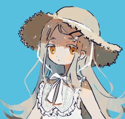 1girl blonde_hair blue_background closed_mouth colored_eyelashes dress expressionless flipped_hair frilled_dress frills gakuen_idolmaster gooooskap hat highres idolmaster long_hair looking_at_viewer ribbon shinosawa_hiro simple_background sleeveless sleeveless_dress solo straw_hat upper_body white_dress white_ribbon