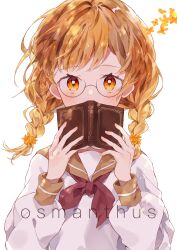 Rule 34 | 1girl, absurdres, blush, book, braided twintails, brown sailor collar, commentary request, covering own mouth, english text, flower, glasses, hair flower, hair ornament, hands up, highres, holding, holding book, long sleeves, looking at viewer, napo (napo illust), neckerchief, orange eyes, orange flower, orange hair, original, red neckerchief, round eyewear, sailor collar, sailor shirt, school uniform, semi-rimless eyewear, shirt, simple background, solo, straight-on, swept bangs, under-rim eyewear, upper body, white background, white shirt