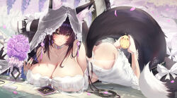 1girl animal_ear_fluff animal_ears ass ass_cutout azur_lane barefoot between_feet black_hair blush bouquet breasts bridal_veil butt_crack cleavage closed_mouth clothing_cutout collarbone commentary dress facial_mark flower fox_ears fox_girl fox_tail gainoob highres long_hair looking_at_viewer lying manjuu_(azur_lane) musashi_(azur_lane) musashi_(purest_wisteria)_(azur_lane) official_alternate_costume on_stomach purple_flower smile tail veil very_long_hair wedding_dress whisker_markings yellow_eyes